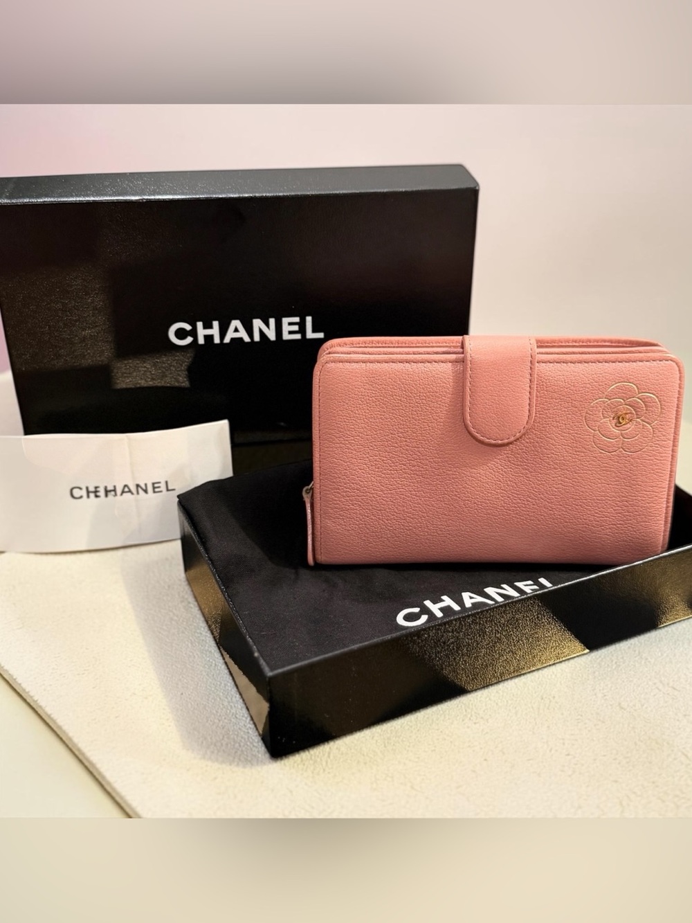 CHANEL Camellia L-Zip Pocket Wallet Pink Lambskin Gold Hardware + Dust Bag